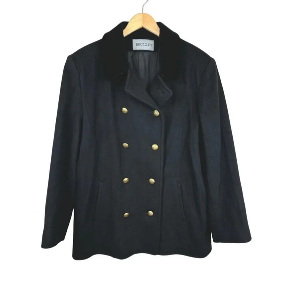 Vintage Bromley Collection Wool Blend Peacoat Velvet Gold Buttons Black Sz 12 - Picture 1 of 6